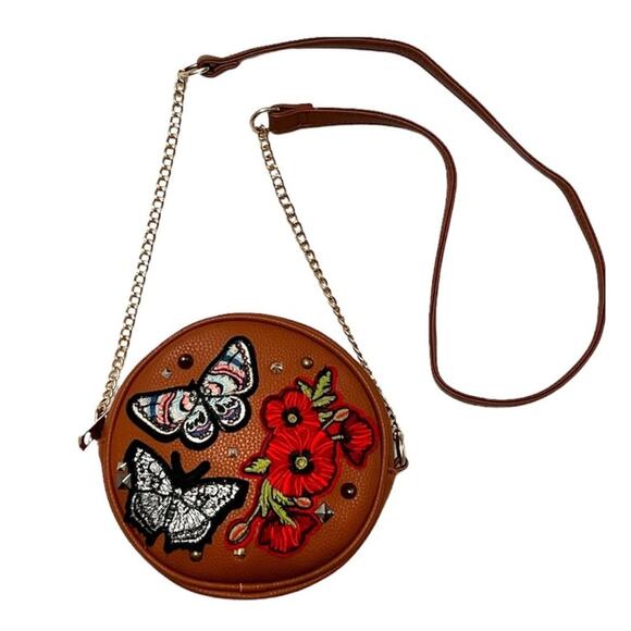 Olivia Miller Embroidered Patches Crossbody Bag Round Brown Floral Butterfly - Picture 4 of 12